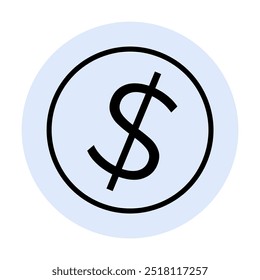 Um simples sinal de dólar preto delimitado por um círculo sobre um fundo azul claro. Ideal para conceitos financeiros, planejamento de orçamento, investimento, câmbio de moeda e crescimento econômico. Design minimalista