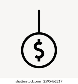 Simple black dollar sign icon inside a circle, hanging from a line. Minimalist dollar sign design, emphasizing currency and finance. Dollar sign symbol in focus. Minimal vector design.