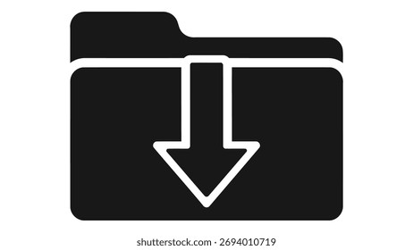 A simple black download folder icon on a white background. This vector illustration is perfect for use in web design, mobile apps, and other digital projects. 150 chars