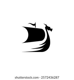 A simple black drakkar icon with a Nordic sail and dragon figurehead, symbolizing Scandinavian oceanic history and Norse legends.