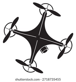 Simple black drone illustration with four propellers on a white background showcasing quadcopter design and aerial technology