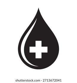 Um ícone simples de gota preta com uma cruz médica branca no interior
