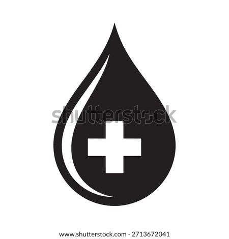 A simple black droplet icon featuring a white medical cross inside