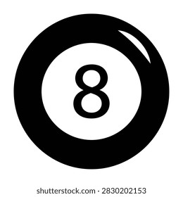 Simple black eight ball icon isolated on white background. Symbol of billiards and pool game. Graphic sign for sport. Suitable for web design and print.