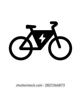 Simple black electric bicycle icon with lightning symbol representing modern e-bike transportation and sustainable urban mobility. Ideal for cycling infrastructure, smart cities, electric vehicle services, bike sharing, clean commuting and eco-friendly transport projects.