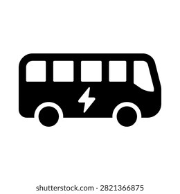 Simple black electric bus icon with lightning symbol representing zero-emission public transportation and sustainable urban mobility. Ideal for electric transit systems, smart cities, green infrastructure, municipal transport and clean energy projects.