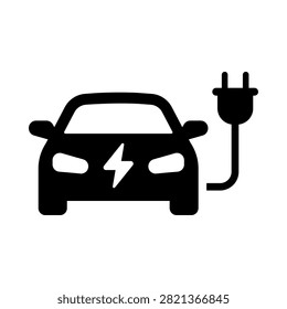 Simple black electric car icon with charging plug and lightning symbol representing EV charging and sustainable transportation. Ideal for electric vehicle stations, smart mobility, clean energy, automotive technology and zero-emission infrastructure designs.