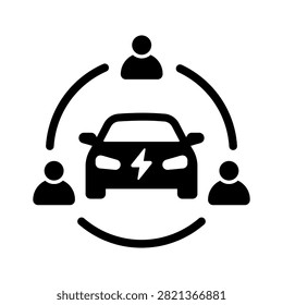 Simple black electric car sharing icon featuring an EV surrounded by users and circular connection lines. Ideal for shared mobility, carpooling, electric vehicle rental, sustainable transportation, community transit and smart city services.