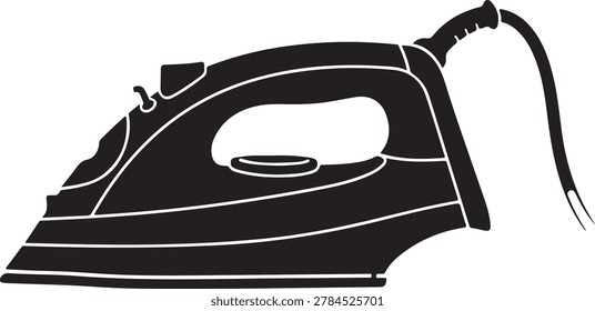 Simple black electric iron with attached cord, ready for ironing clothes. Clean and minimalist design.