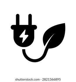 Simple black electric plug and leaf icon with lightning symbol representing green charging, renewable electricity and sustainable energy. Ideal for EV infrastructure, clean technology, eco transportation, energy efficiency and environmentally friendly power solutions.