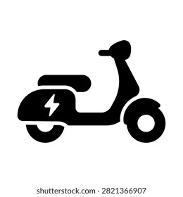 Simple black electric scooter icon with lightning symbol representing eco-friendly personal transportation and modern e-mobility. Ideal for sustainable mobility, urban commuting, electric vehicles, smart cities, rental services and clean transportation projects.