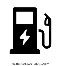 Simple black electric vehicle charging station icon with lightning symbol and charging cable. Ideal for EV infrastructure, charging networks, sustainable transportation, smart cities, automotive technology and clean energy projects.