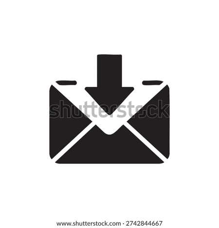 A simple black envelope icon with a downward arrow on a pure white background, representing email or message download in a minimalist style