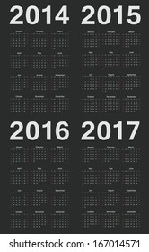 Simple black european 2014, 2015, 2016, 2017 year vector calendars. Week starts from Sunday.