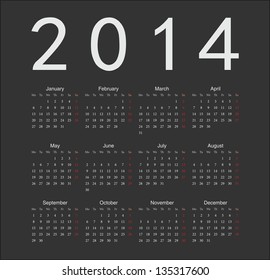 Simple black european 2014 year vector calendar