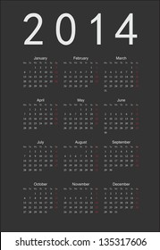 Simple black european 2014 year vector calendar