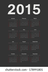 Simple black european 2015 year vector calendar. Week starts from Sunday.