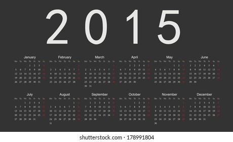 Simple black european 2015 year vector calendar. Week starts from Monday.