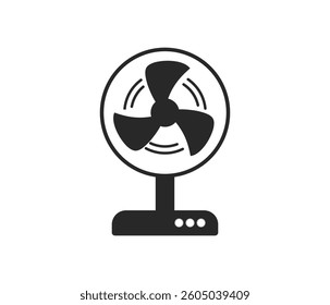 A simple, black fan icon with three blades, a circular frame, and a rectangular base.