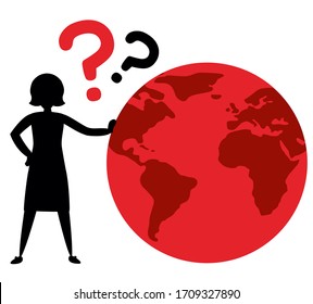 Simple black female silhouette standing and holding Red Planet Earth symbol. Covid-19 bad economy. Sars-CoV-2 Pandemic and mortality rate. Future international help. Worldwide health problems.