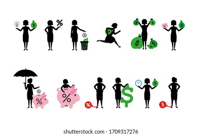 Simple black female silhouettes standing and holding American Dollar signs and symbols. Good and bad economy. Saving and spending money, paying taxes, getting contract. Business woman and her profit.