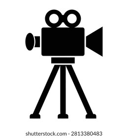Simple black film camera on tripod stand icon for design projects, representing photography and filmmaking tools