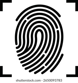 Um simples ícone de impressão digital preta é isolado em um fundo branco limpo, representando segurança e identificação.