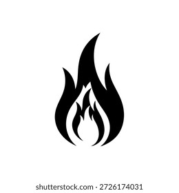 Ein einfaches Symbol oder Symbol für eine schwarze Feuerflamme auf weißem Hintergrund, das Wärme, Energie und Gefahr darstellt.