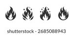 Simple black fire flame icons set, magic heat symbol with sparkles and stars.