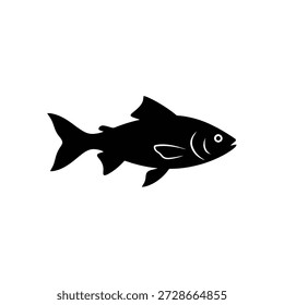 Ilustración vectorial de silueta de pescado negro simple sobre un fondo blanco, ideal para temas acuáticos y diseños minimalistas.