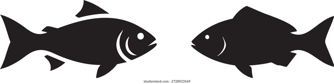 Siluetas simples de pescado negro para la vida marina, mariscos y Elementos de diseño acuáticos