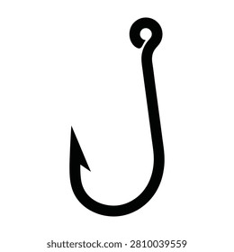 A simple black fishing hook icon on a white background, symbolizing fishing and outdoor activities