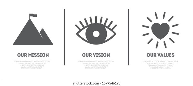 Simple Black Flat Icon With Eye, Mountain And Heart For Visualisation Of Mission, Vision And Values Of Company