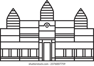 Simple black flat outline drawing of the Cambodian historical landmark monument of the ANGKOR WAT, SIEM REAP