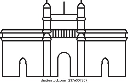 Sencillo dibujo plano negro del monumento histórico indio de la PUERTA DE ENLACE DE LA INDIA, MUMBAI