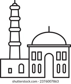 Simple black flat outline drawing of the Indian historical landmark monument of the QUTAB MINAR, NEW DELHI