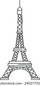 Sencillo dibujo plano negro del monumento histórico francés de la TORRE EIFFEL, PARÍS