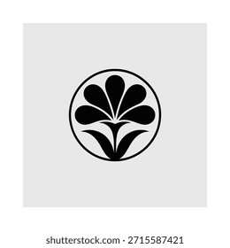 A simple black floral design within a circular frame on a gray background