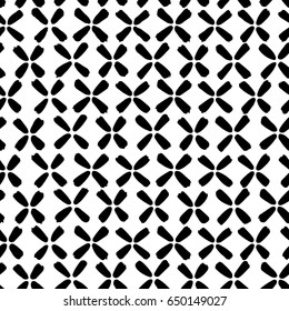 Simple black floral elements arranged in regular rows on white background. Abstract floral pattern.