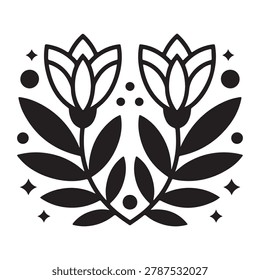 A simple black floral illustration featuring detailed leaves and flowers arranged symmetrically. The design includes decorative elements like small circles and stars, creating a balanced and elegant look suitable for tattoos, prints, or decorative art. The high contrast black and white style highlights the intricate line work and natural shapes, perfect for various creative projects and design needs.