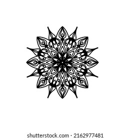 Simple black floral orientation mandala on white background.