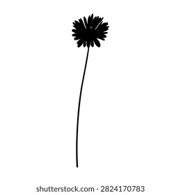 Simple black flower drawing with a long stem on a plain white backdrop, emphasizing minimalistic art style and clean design aesthetics.