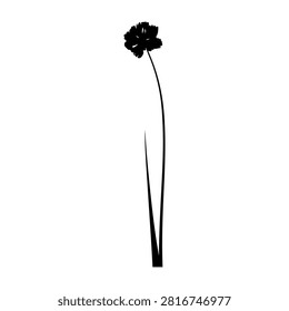 Simple black flower with elongated stem, minimalist design, on plain background, emphasizing elegance and simplicity in art.