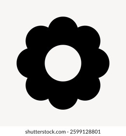 Simple black flower icon with a circular center. Flower design features eight petals. Flower icon is minimalistic and black. Perfect for floral themes. Minimal shape vector.