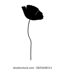 Simple black flower illustration featuring a delicate thin stem and a single petal, emphasizing minimalistic design and elegance.