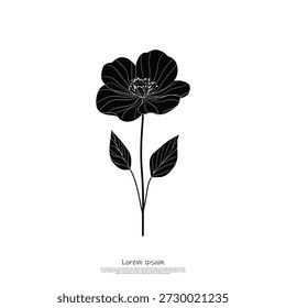 Una simple ilustración de flor negra con dos hojas sobre un fondo blanco.