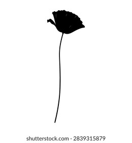 Simple black flower with a long stem, minimalist design, on a white background, emphasizing elegance and simplicity in floral art.