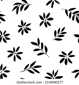 Simple black flowers hand drawn seamless pattern. Black brush small flower silhouettes. Chamomile, daisy and chrysanthemum vector silhouettes. Summer botanical background. Leaves and small branches