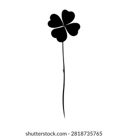 A simple black four-leaf clover with a slender stem, symbolizing luck and hope, isolated on a white background for versatile use in design and decoration.