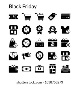 Simple Black Friday Solid Glyph Style Contain Such Icon as Discount, Label, Price Tag, Shopping Cart, Shipping, Store, Cashier, Grocery, Money, Ecommerce and more. 64 x 64 Pixel Perfect